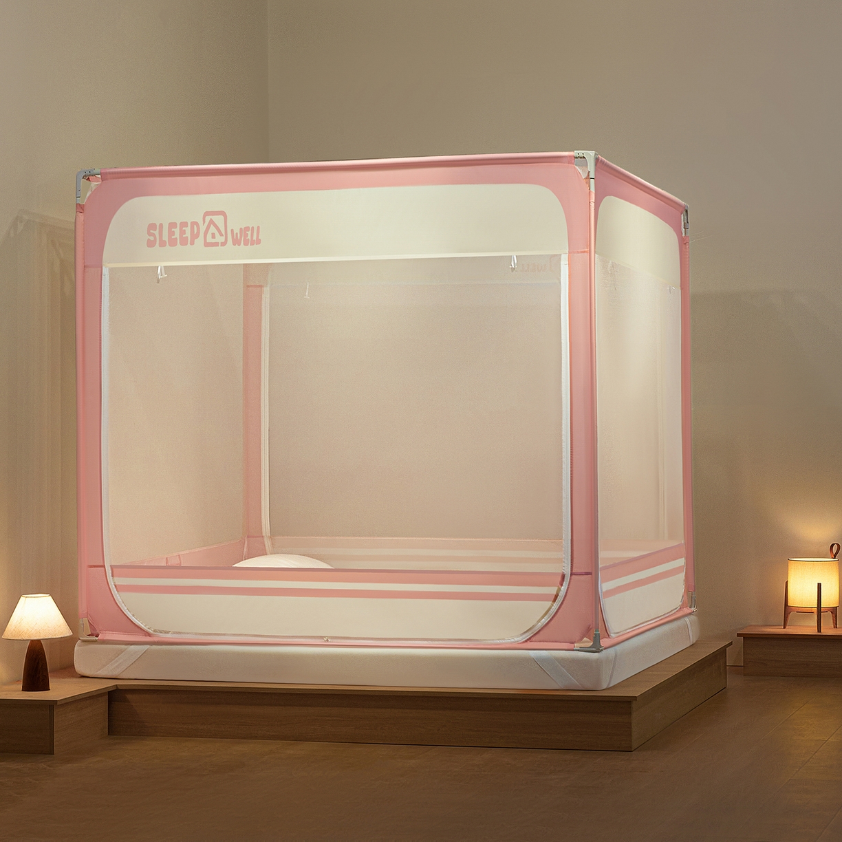 艺利轩蚊帐 2026新款围栏级防摔U型三开门蚊帐 樱花粉