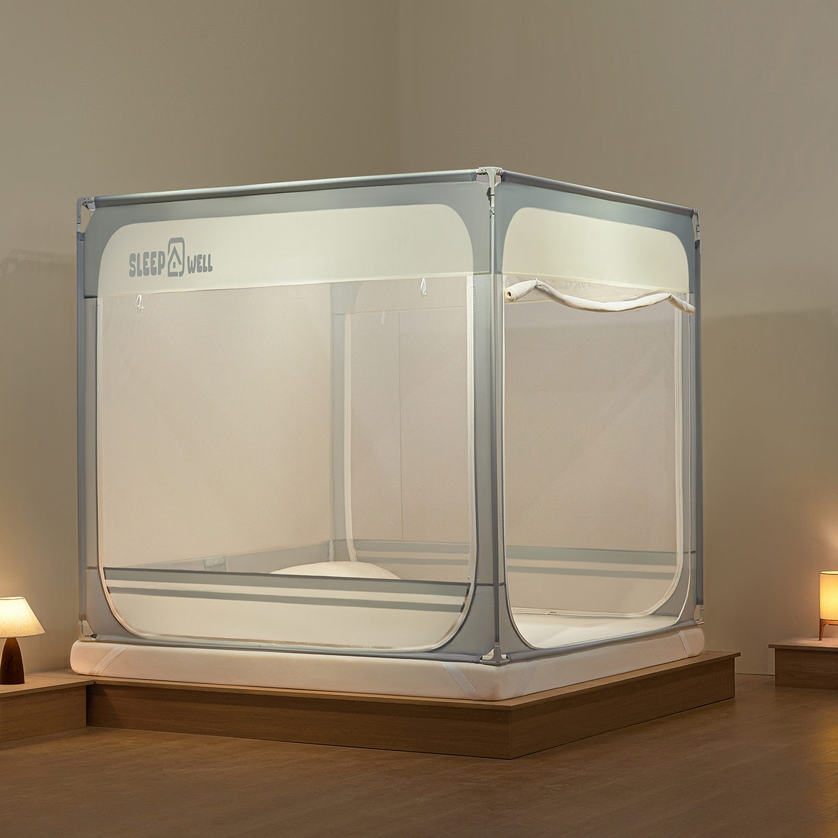 91家纺网 家纺一手货源 找家纺 艺利轩蚊帐 2026新款围栏级防摔U型三开门蚊帐 优雅灰