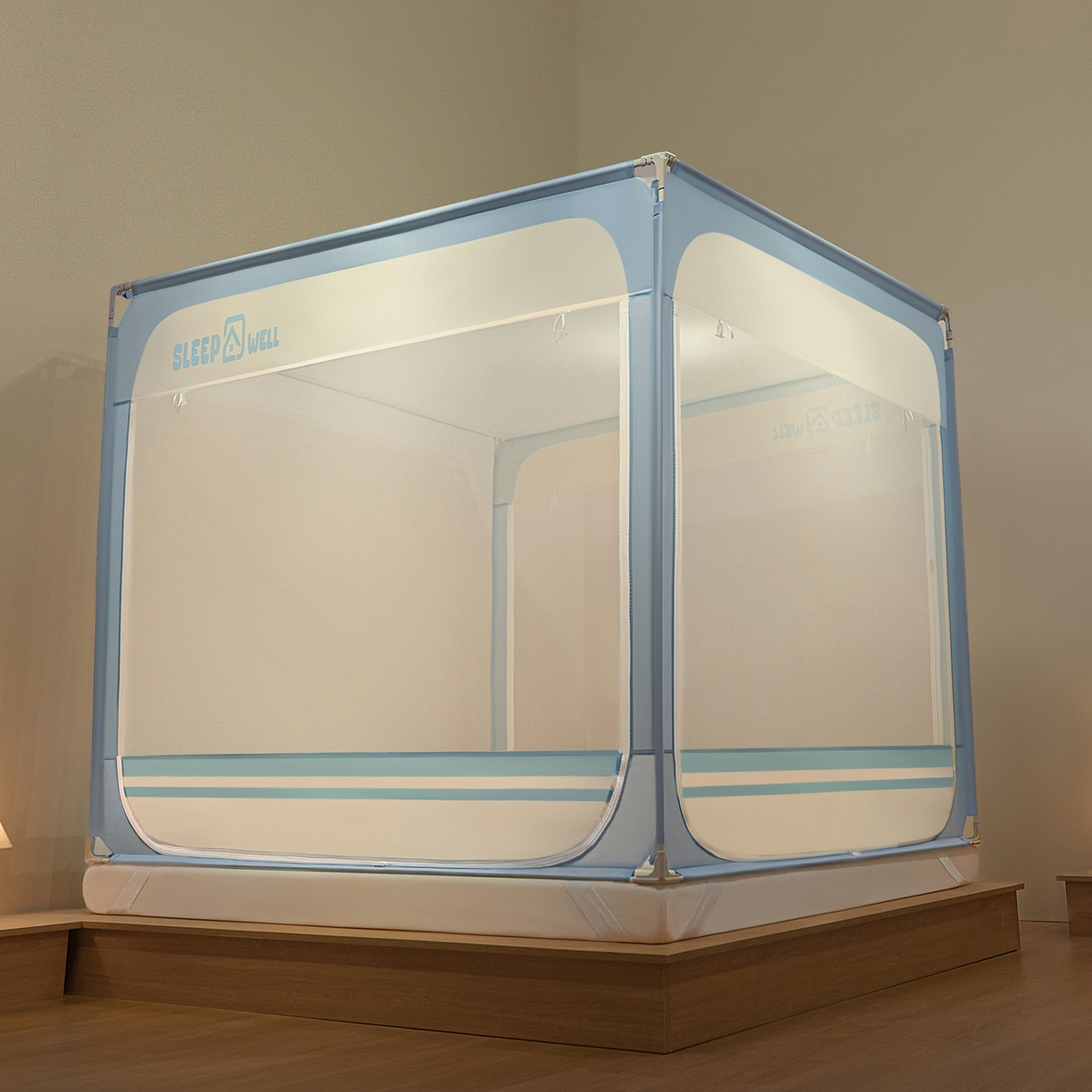 91家纺网 家纺一手货源 找家纺 艺利轩蚊帐 2026新款围栏级防摔U型三开门蚊帐 baby蓝