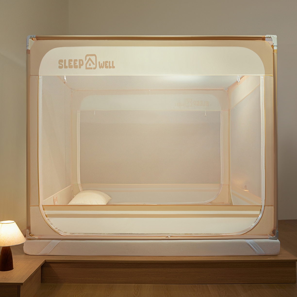 91家纺网 家纺一手货源 找家纺 艺利轩蚊帐 2026新款围栏级防摔U型三开门蚊帐 浅卡其