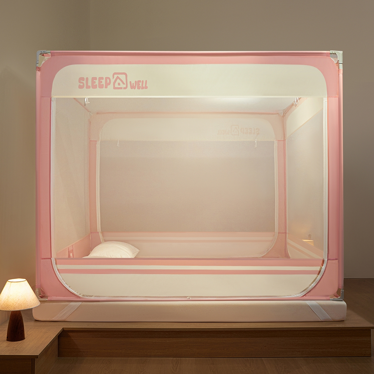 91家纺网 家纺一手货源 找家纺 艺利轩蚊帐 2026新款围栏级防摔U型三开门蚊帐 樱花粉