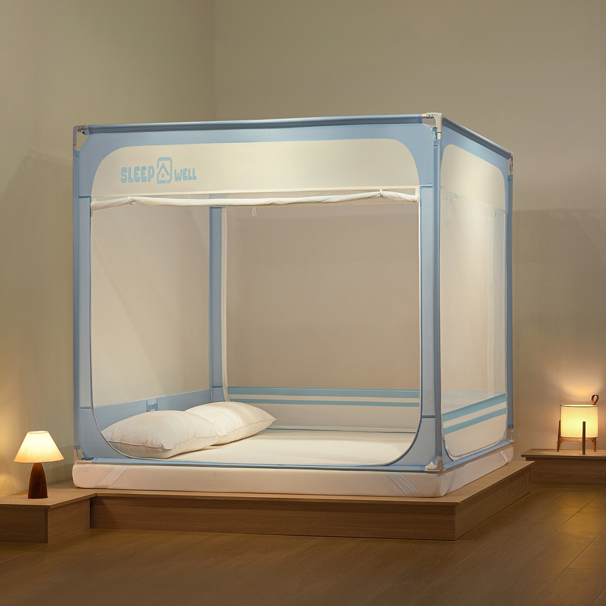 91家纺网 家纺一手货源 找家纺 艺利轩蚊帐 2026新款围栏级防摔U型三开门蚊帐 baby蓝