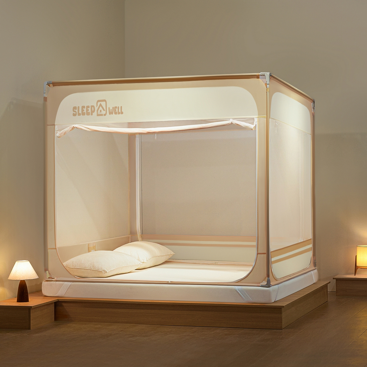 91家纺网 家纺一手货源 找家纺 艺利轩蚊帐 2026新款围栏级防摔U型三开门蚊帐 浅卡其