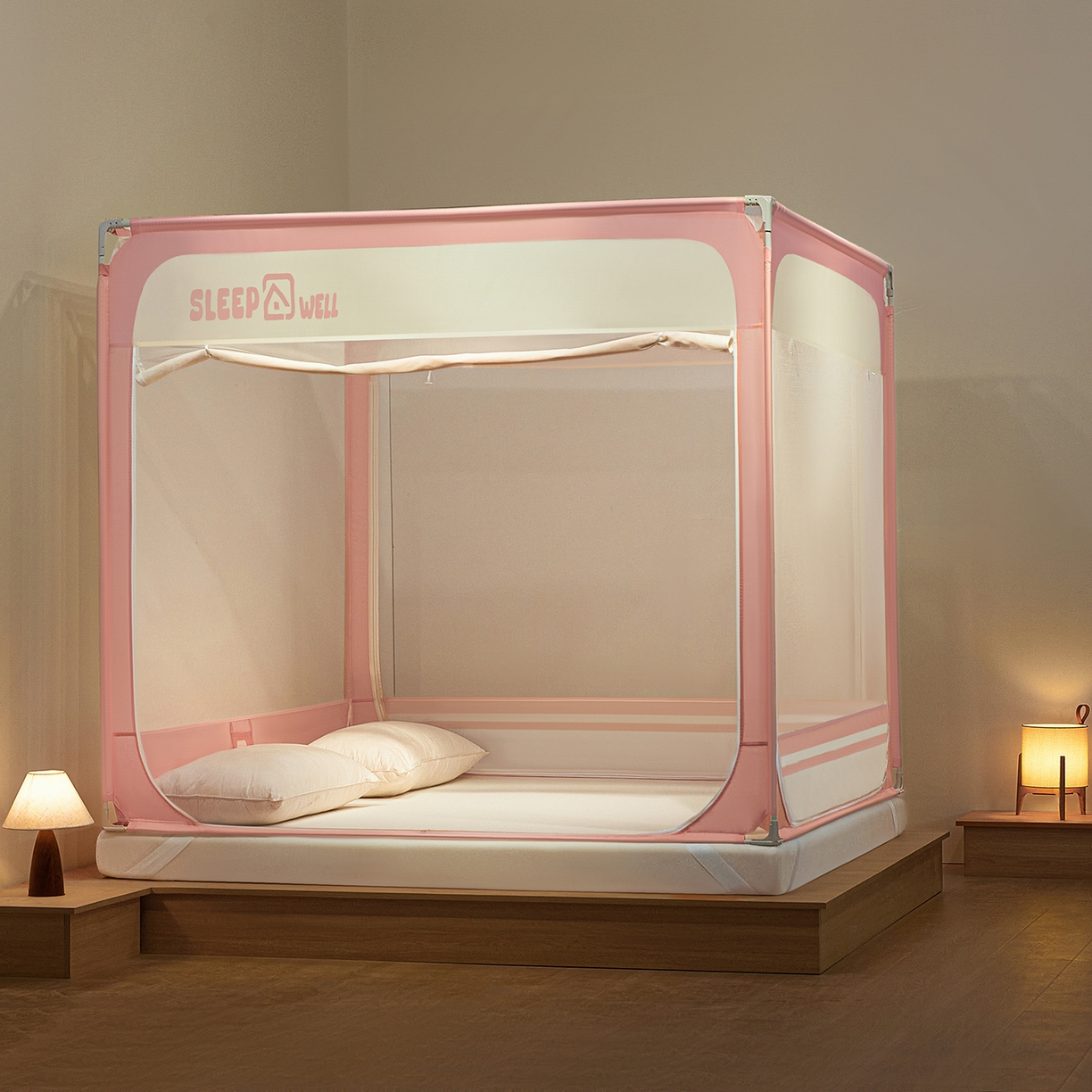 91家纺网 家纺一手货源 找家纺 艺利轩蚊帐 2026新款围栏级防摔U型三开门蚊帐 樱花粉