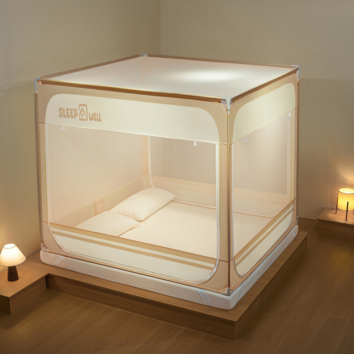 91家纺网 家纺一手货源 找家纺 艺利轩蚊帐 2026新款围栏级防摔U型三开门蚊帐 浅卡其