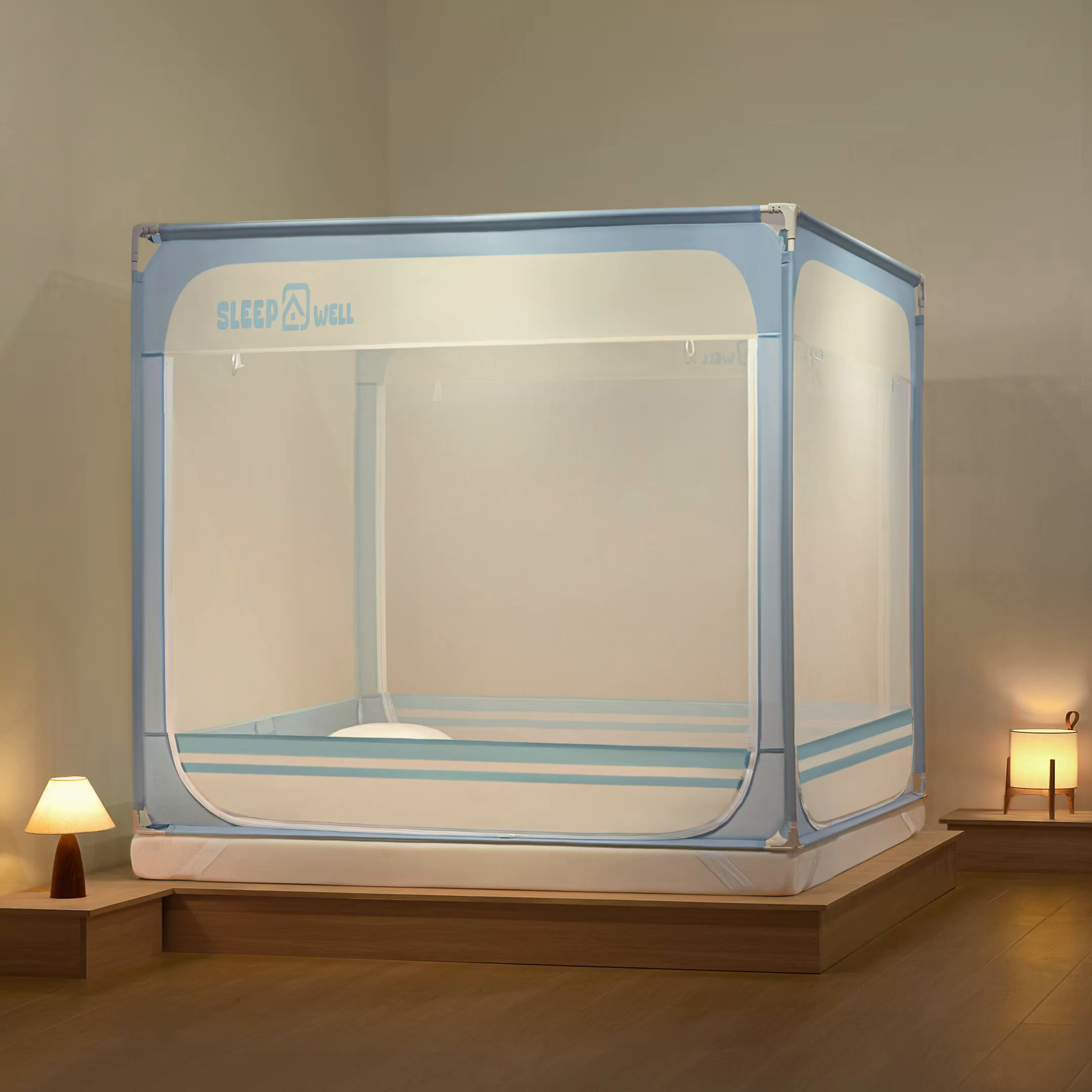 91家纺网 家纺一手货源 找家纺 艺利轩蚊帐 2026新款围栏级防摔U型三开门蚊帐 baby蓝