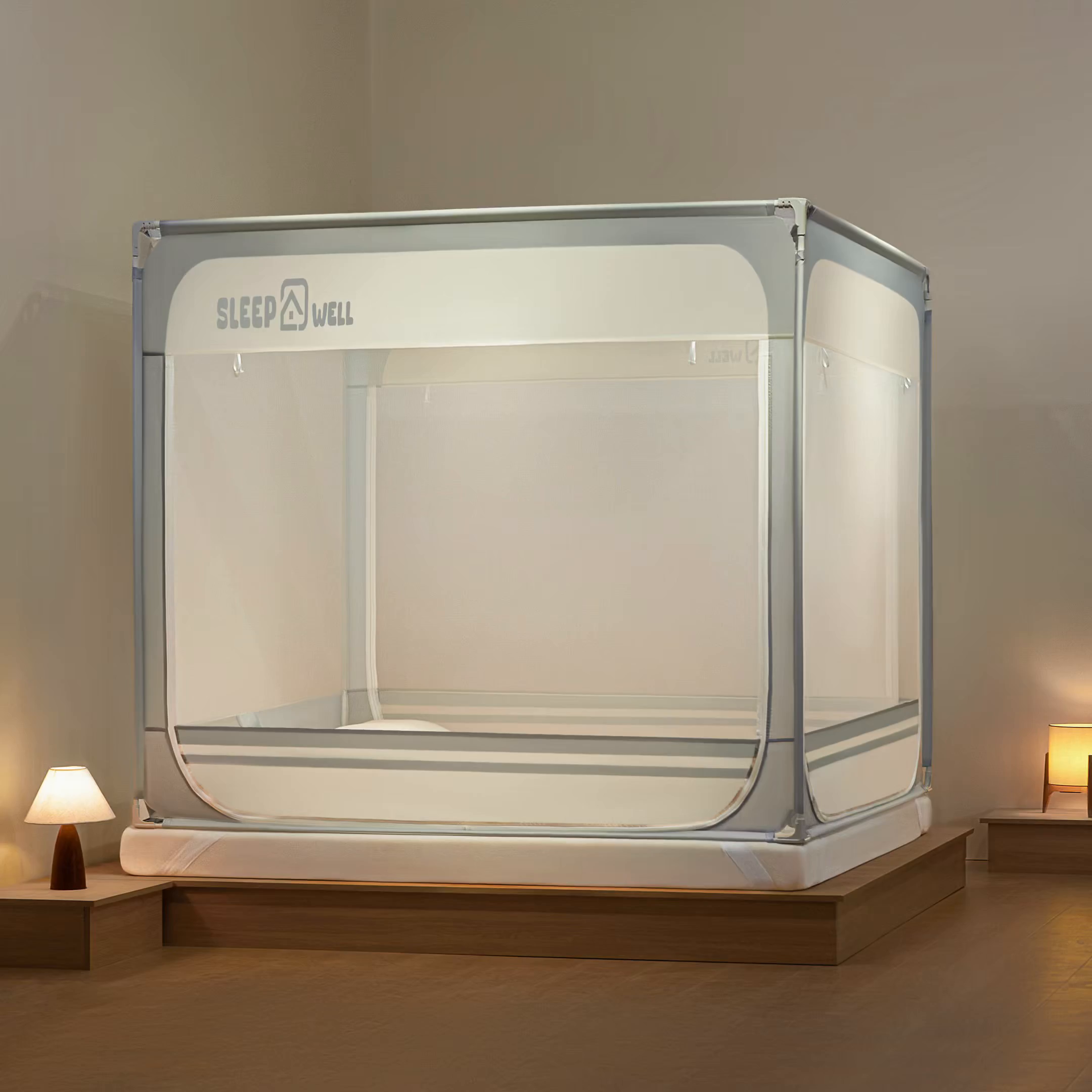 91家纺网 家纺一手货源 找家纺 艺利轩蚊帐 2026新款围栏级防摔U型三开门蚊帐 优雅灰