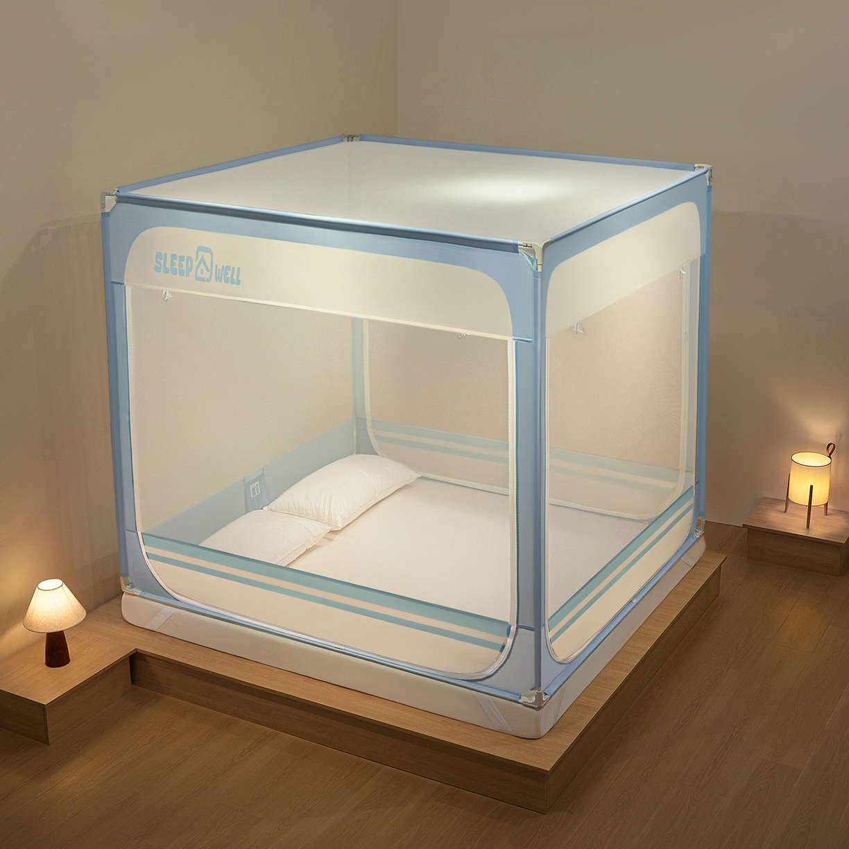 91家纺网 家纺一手货源 找家纺 艺利轩蚊帐 2026新款围栏级防摔U型三开门蚊帐 baby蓝