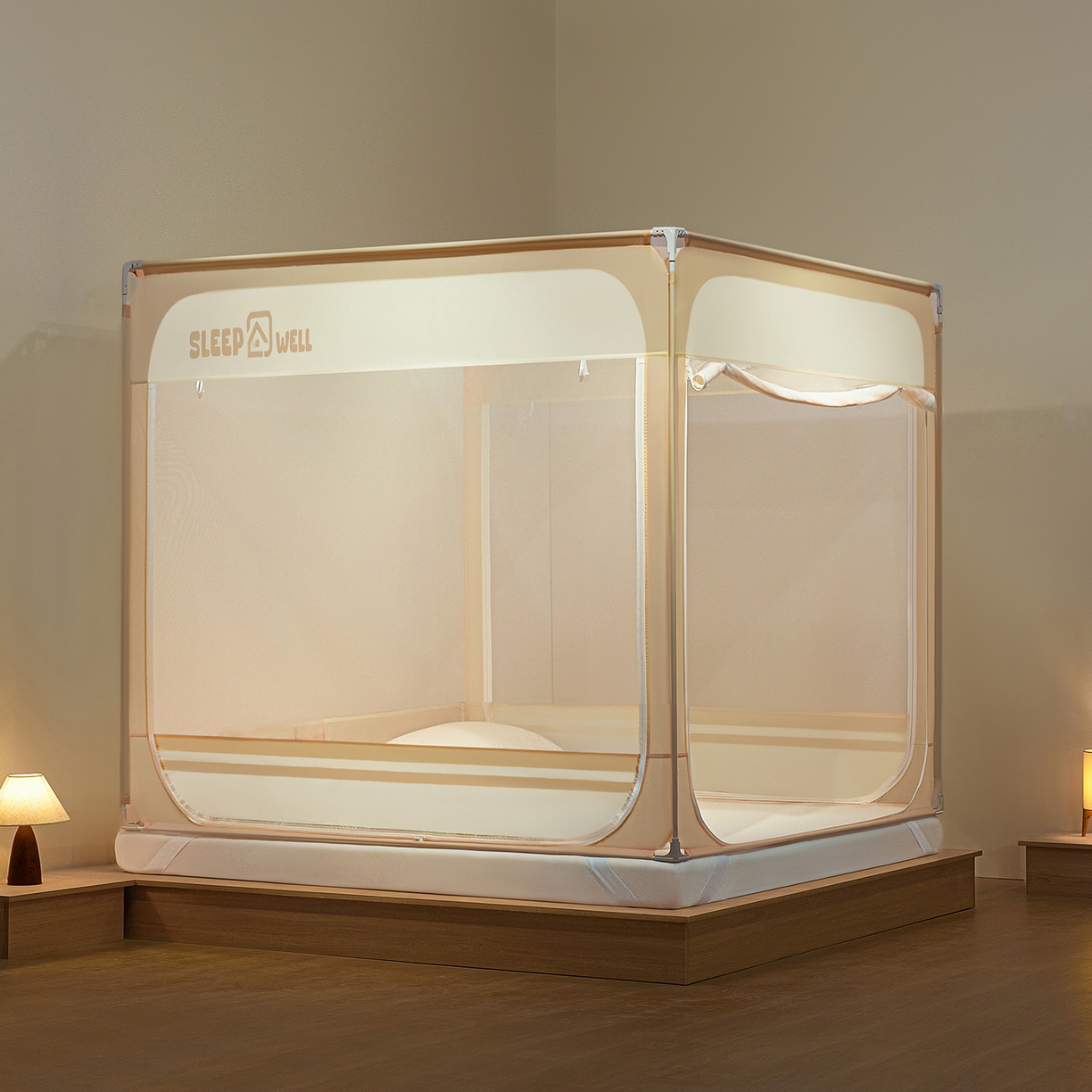 91家纺网 家纺一手货源 找家纺 艺利轩蚊帐 2026新款围栏级防摔U型三开门蚊帐 浅卡其