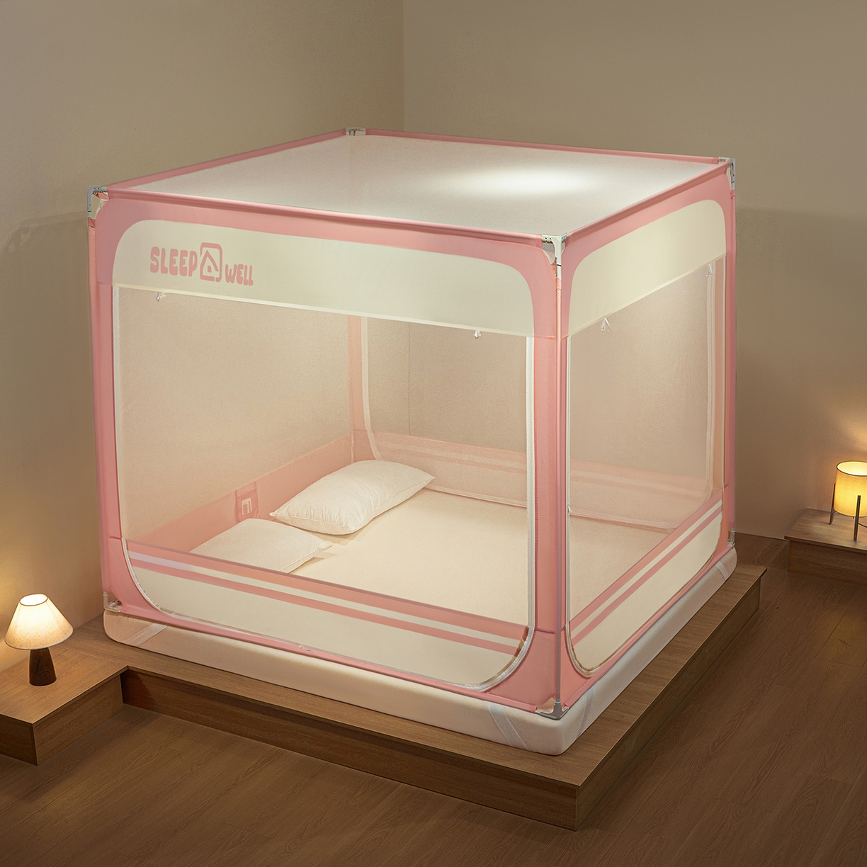 91家纺网 家纺一手货源 找家纺 艺利轩蚊帐 2026新款围栏级防摔U型三开门蚊帐 樱花粉