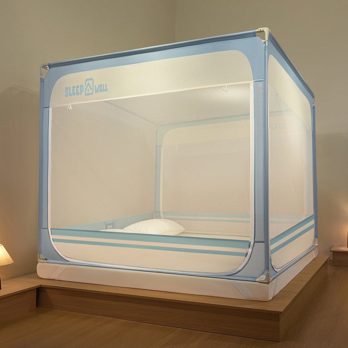 91家纺网 家纺一手货源 找家纺 艺利轩蚊帐 2026新款围栏级防摔U型三开门蚊帐 baby蓝