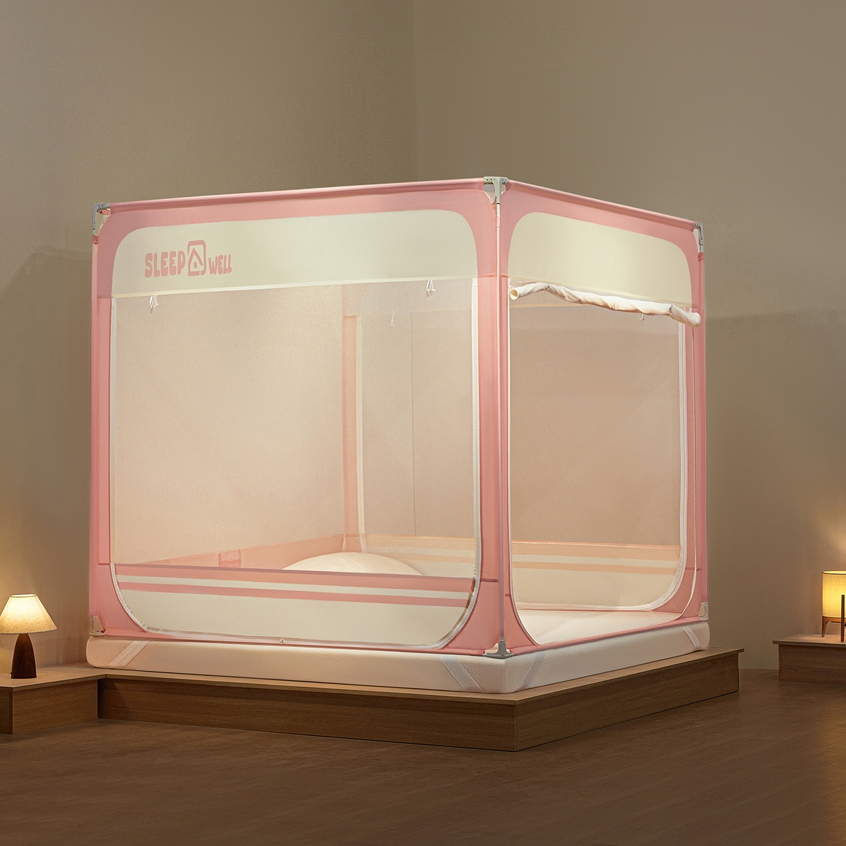 91家纺网 家纺一手货源 找家纺 艺利轩蚊帐 2026新款围栏级防摔U型三开门蚊帐 樱花粉