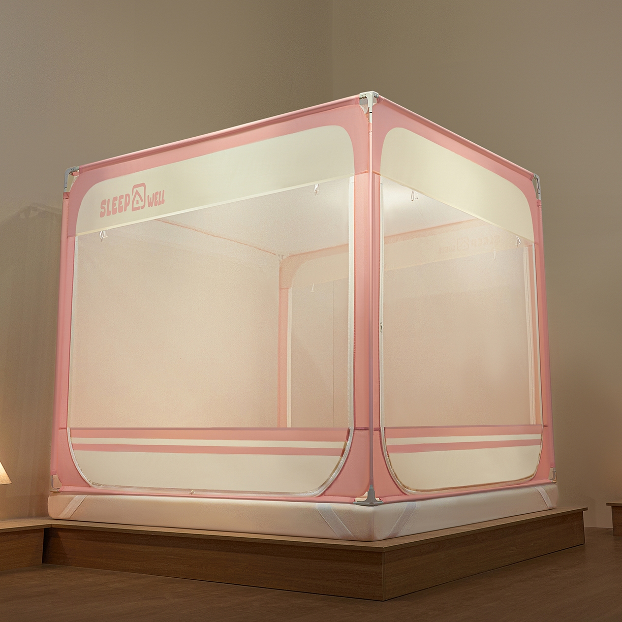 91家纺网 家纺一手货源 找家纺 艺利轩蚊帐 2026新款围栏级防摔U型三开门蚊帐 樱花粉