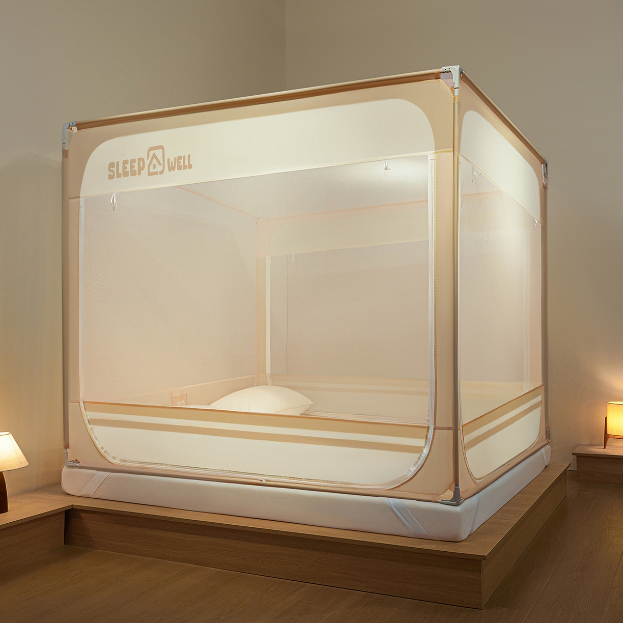 91家纺网 家纺一手货源 找家纺 艺利轩蚊帐 2026新款围栏级防摔U型三开门蚊帐 浅卡其