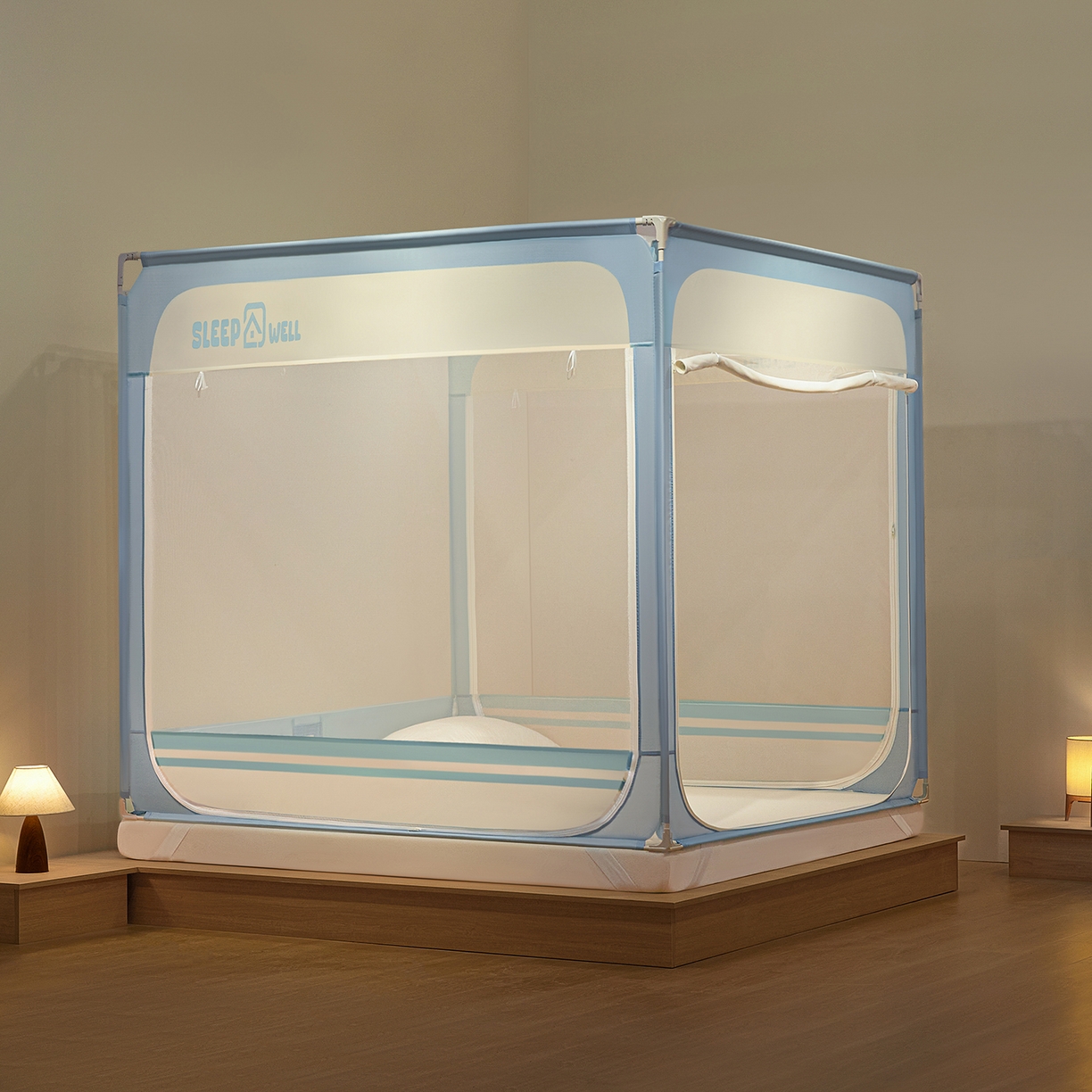 91家纺网 家纺一手货源 找家纺 艺利轩蚊帐 2026新款围栏级防摔U型三开门蚊帐 baby蓝