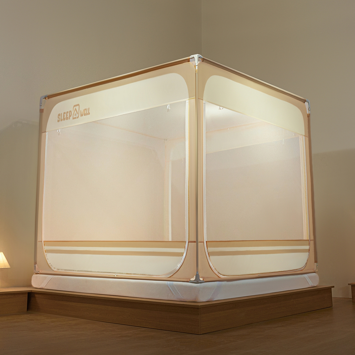 91家纺网 家纺一手货源 找家纺 艺利轩蚊帐 2026新款围栏级防摔U型三开门蚊帐 浅卡其