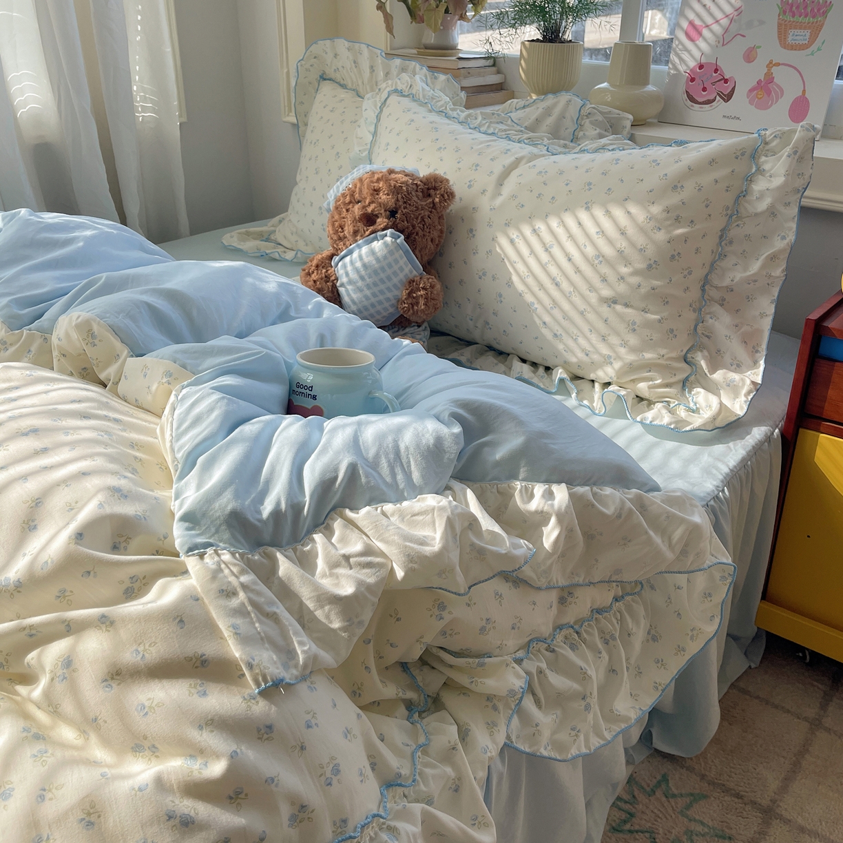 91家纺网 家纺一手货源 找家纺 （总）轻奢坊 2026春夏新款水洗棉密拷花边四件套-春日