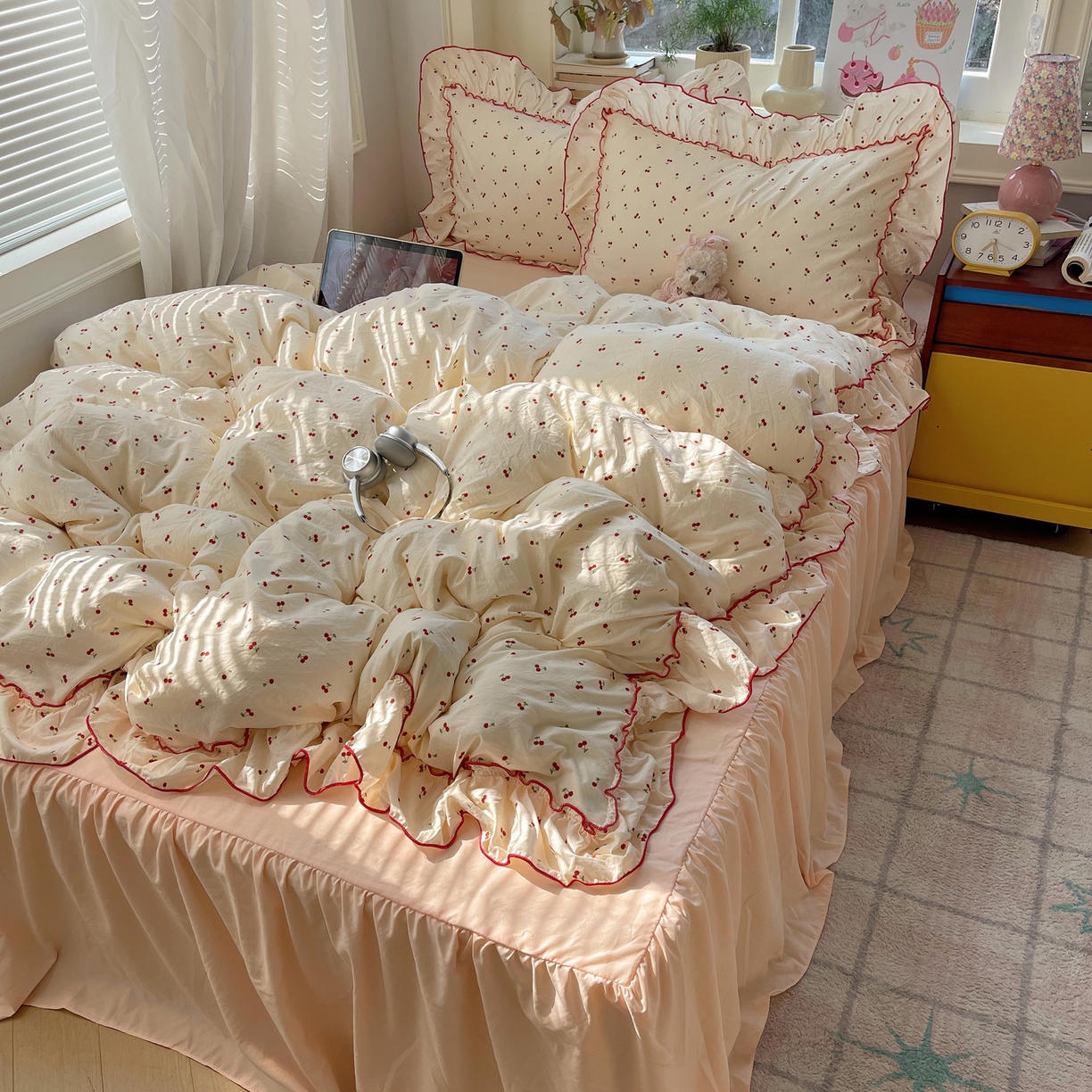 91家纺网 家纺一手货源 找家纺 （总）轻奢坊 2026春夏新款水洗棉密拷花边四件套-春日