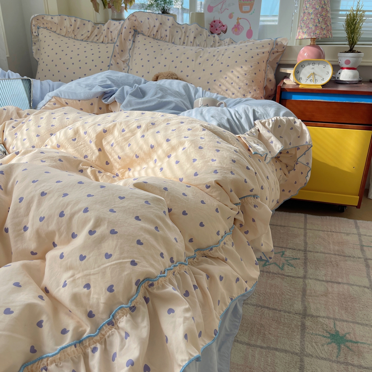 91家纺网 家纺一手货源 找家纺 轻奢坊 2026春夏新款水洗棉密拷花边四件套-春日 春日-紫心心