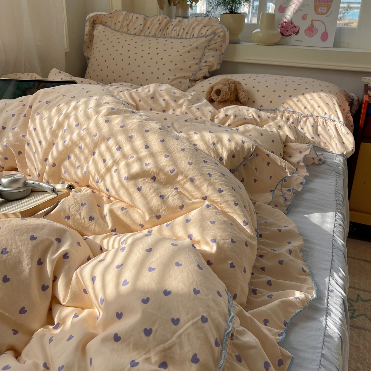 91家纺网 家纺一手货源 找家纺 轻奢坊 2026春夏新款水洗棉密拷花边四件套-春日 春日-紫心心