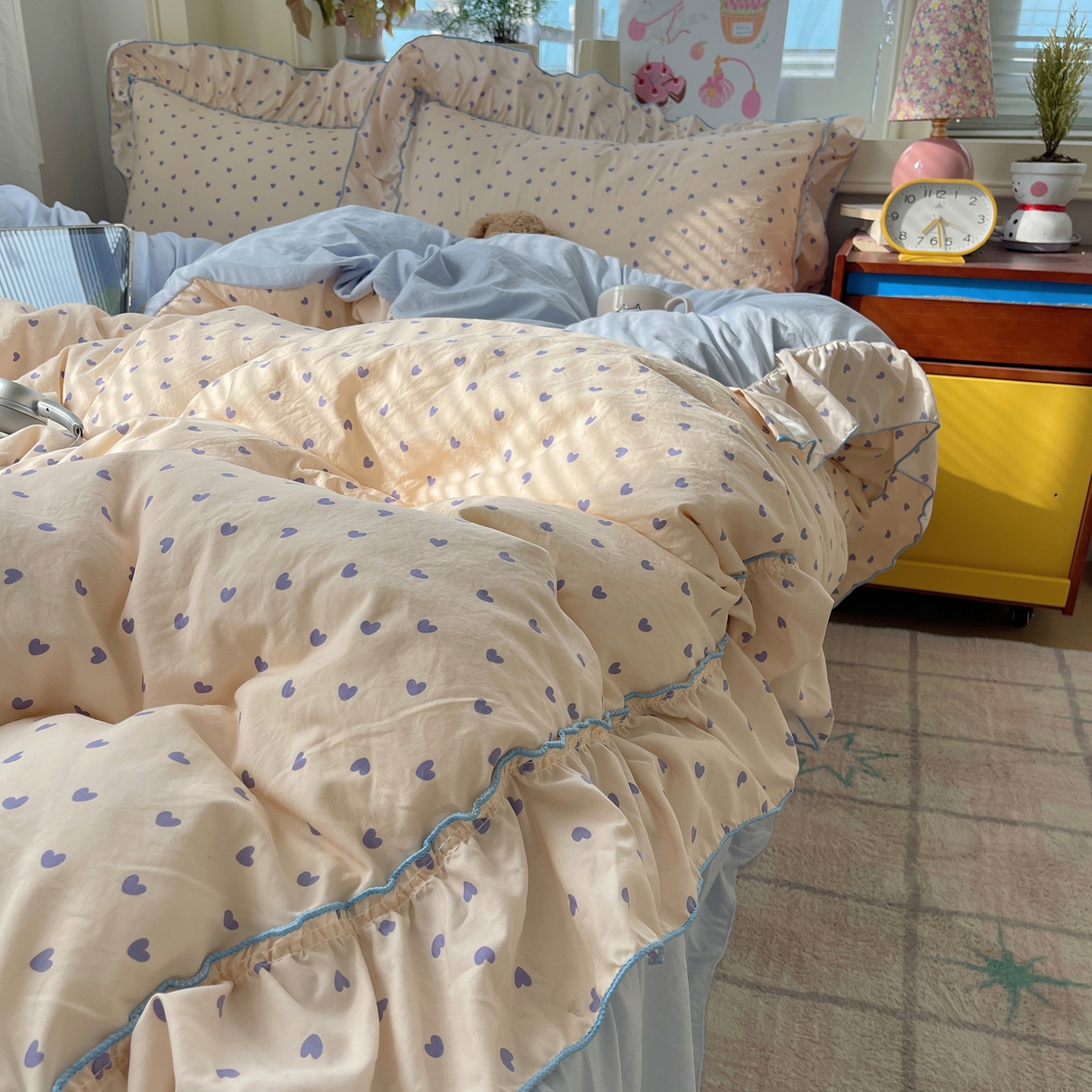 91家纺网 家纺一手货源 找家纺 轻奢坊 2026春夏新款水洗棉密拷花边四件套-春日 春日-紫心心