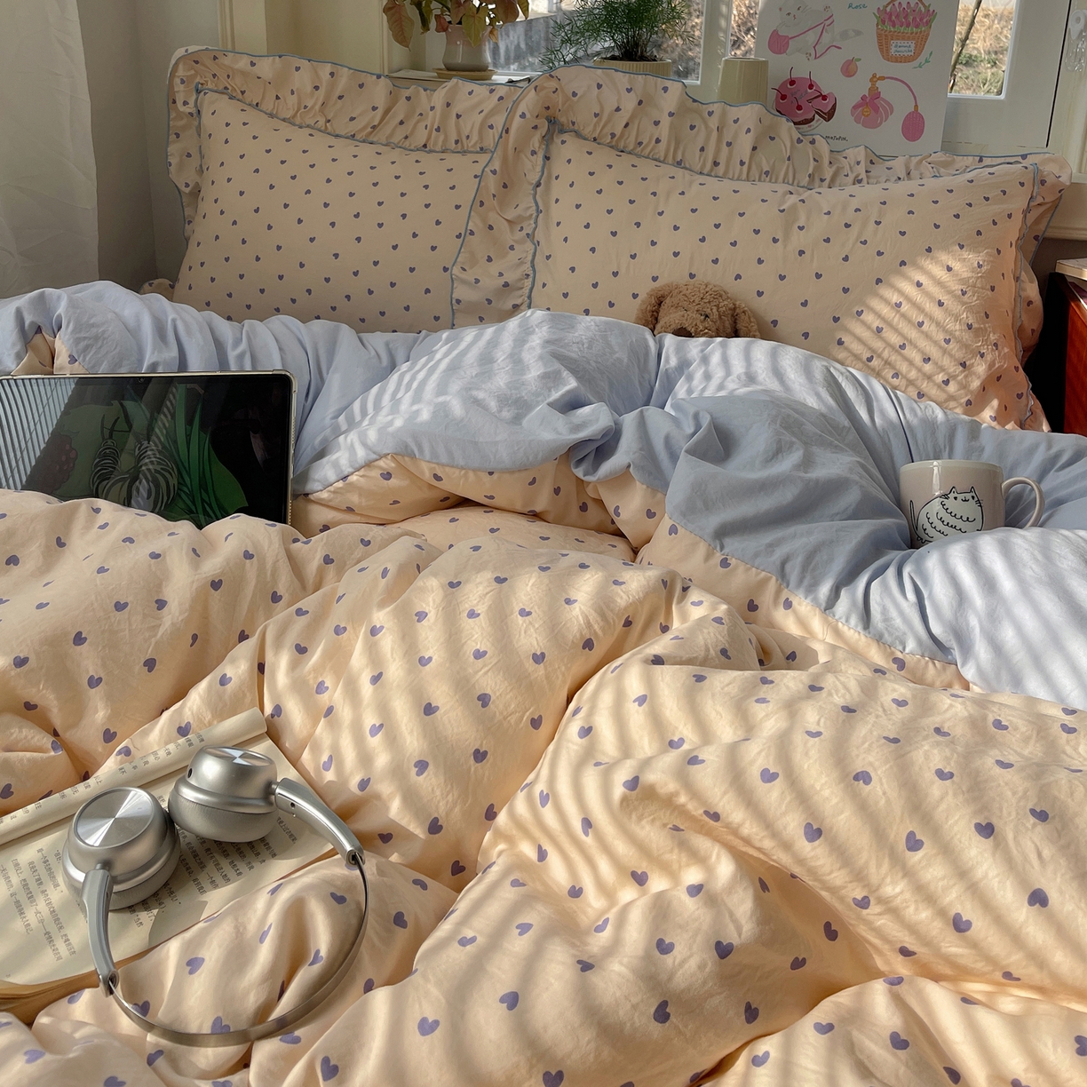 91家纺网 家纺一手货源 找家纺 轻奢坊 2026春夏新款水洗棉密拷花边四件套-春日 春日-紫心心