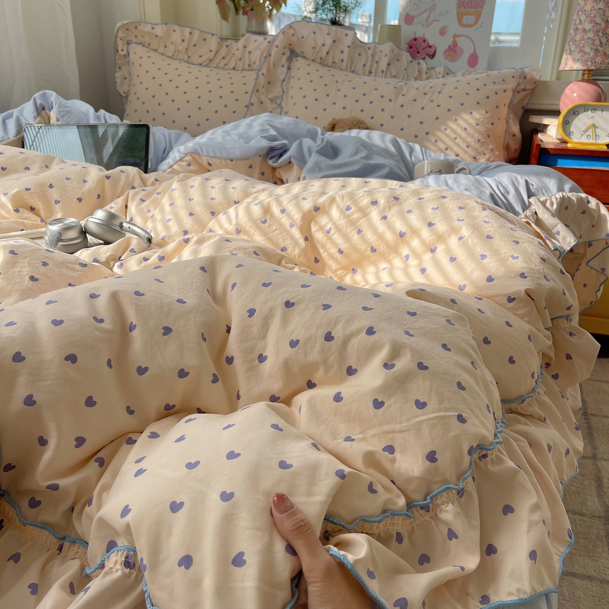 91家纺网 家纺一手货源 找家纺 轻奢坊 2026春夏新款水洗棉密拷花边四件套-春日 春日-紫心心