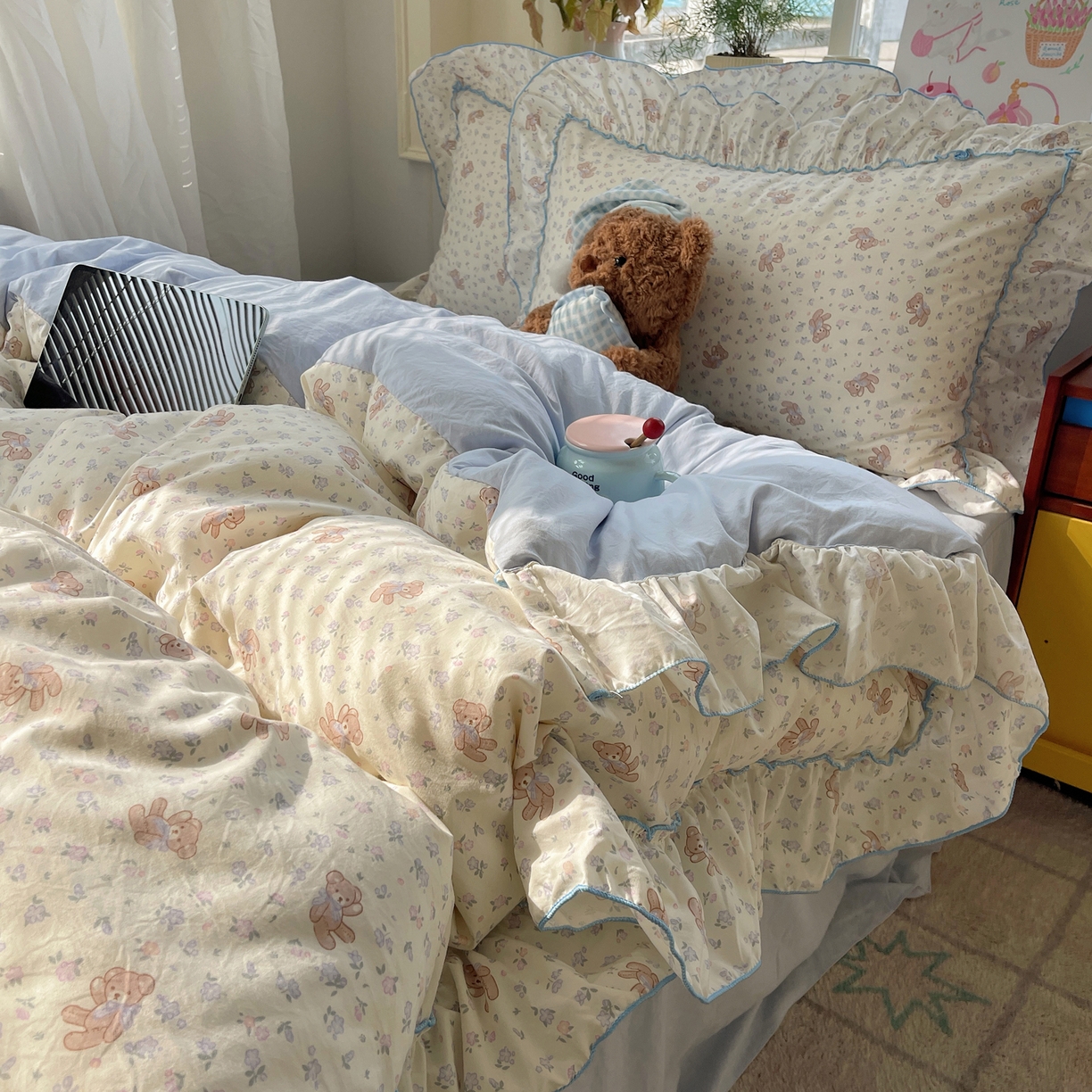 91家纺网 家纺一手货源 找家纺 （总）轻奢坊 2026春夏新款水洗棉密拷花边四件套-春日