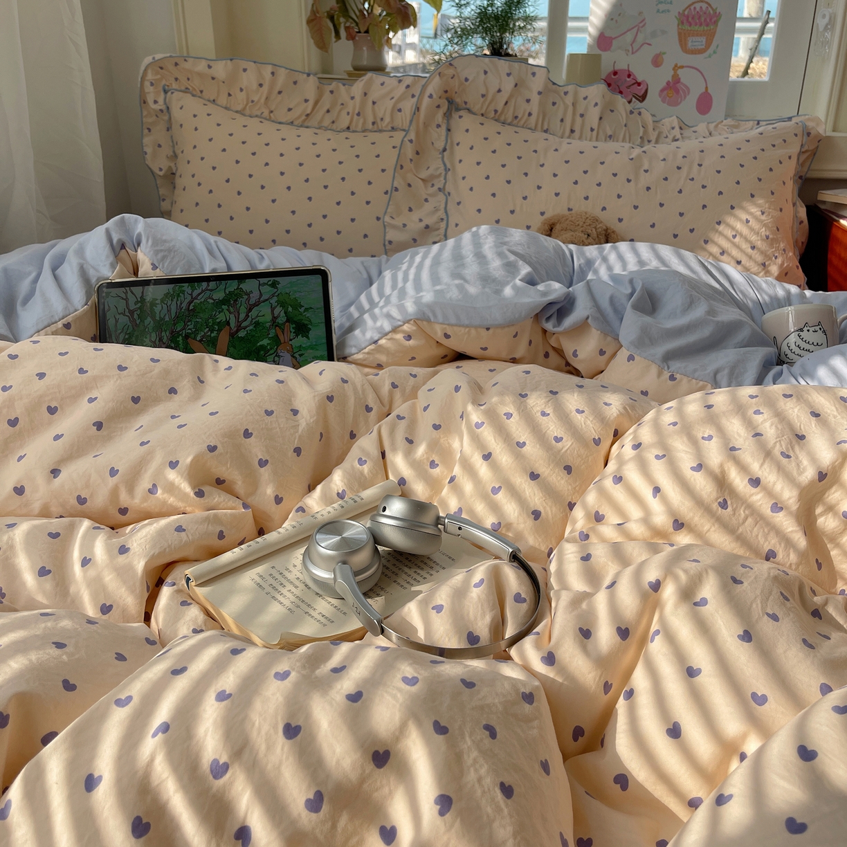 91家纺网 家纺一手货源 找家纺 轻奢坊 2026春夏新款水洗棉密拷花边四件套-春日 春日-紫心心