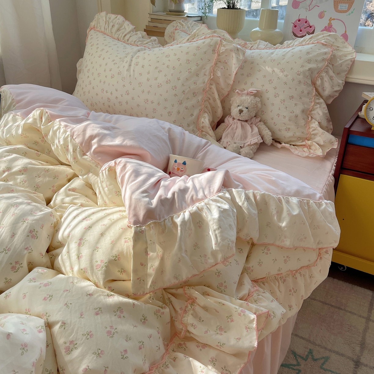 91家纺网 家纺一手货源 找家纺 （总）轻奢坊 2026春夏新款水洗棉密拷花边四件套-春日