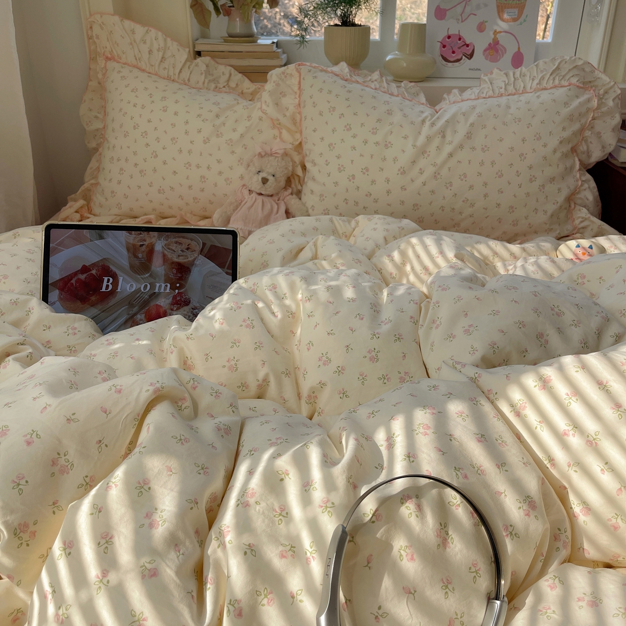 91家纺网 家纺一手货源 找家纺 轻奢坊 2026春夏新款水洗棉密拷花边四件套-春日 春日-碎花粉