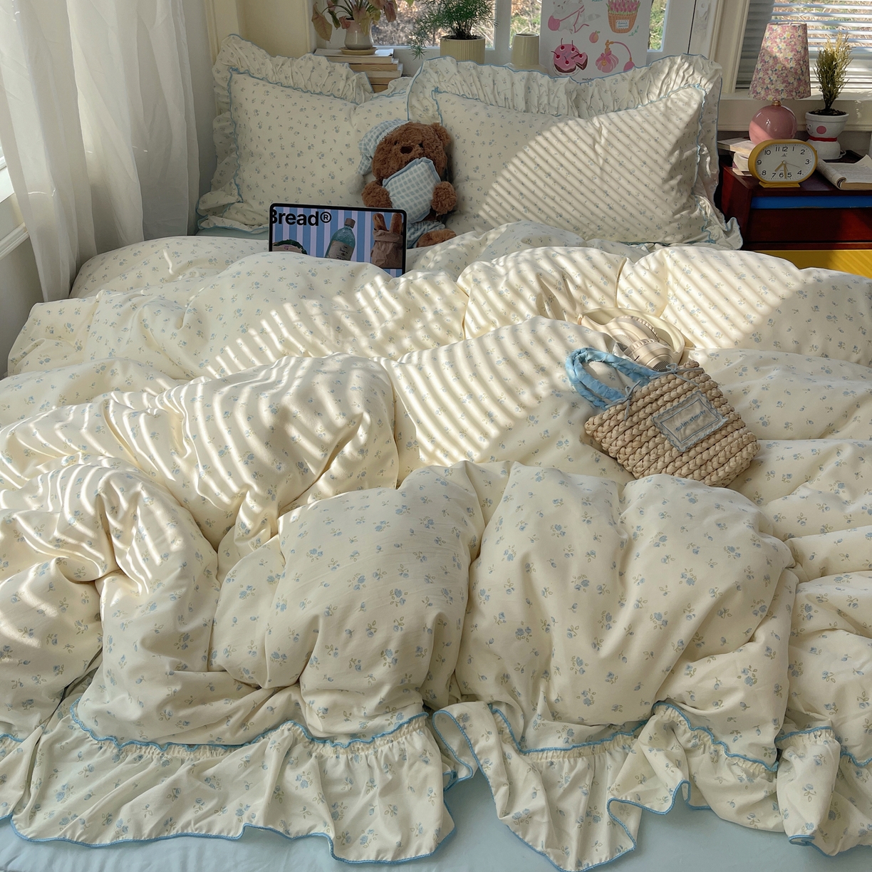 91家纺网 家纺一手货源 找家纺 轻奢坊 2026春夏新款水洗棉密拷花边四件套-春日 春日-小花蓝