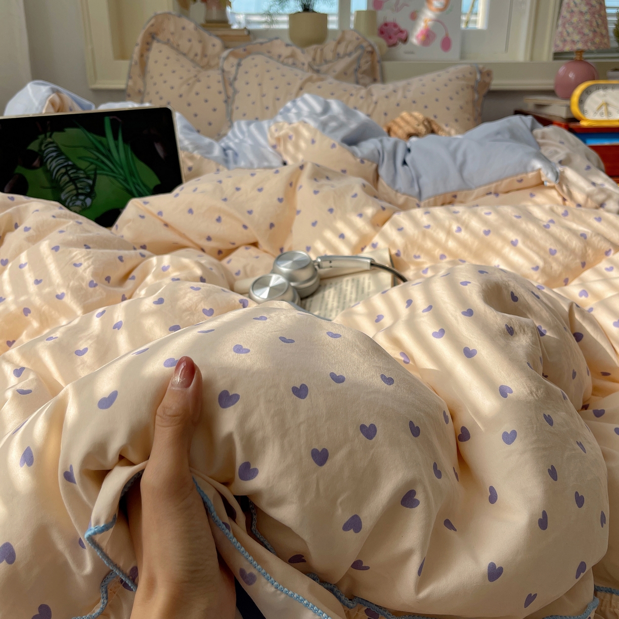 91家纺网 家纺一手货源 找家纺 轻奢坊 2026春夏新款水洗棉密拷花边四件套-春日 春日-紫心心