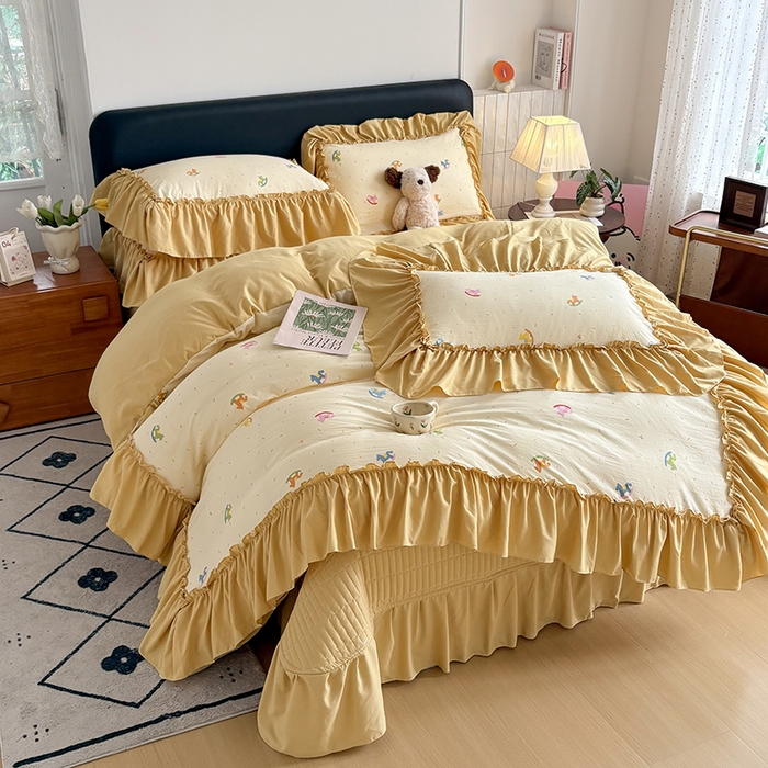 91家纺网 家纺一手货源 找家纺 （总）2026 铠畅新款韩系古法韩国水洗棉仿棉云感棉法式浪漫大花边床盖四件套