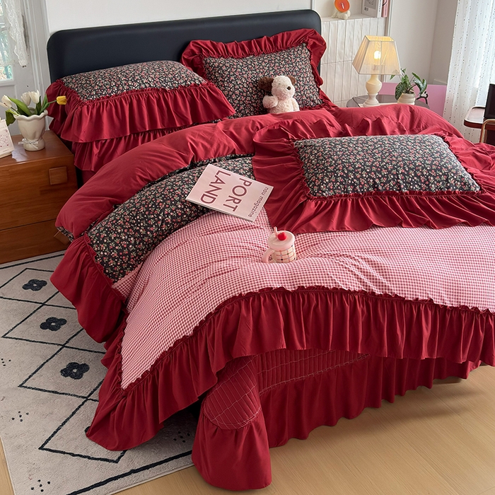 91家纺网 家纺一手货源 找家纺 （总）2026 铠畅新款韩系古法韩国水洗棉仿棉云感棉法式浪漫大花边床盖四件套