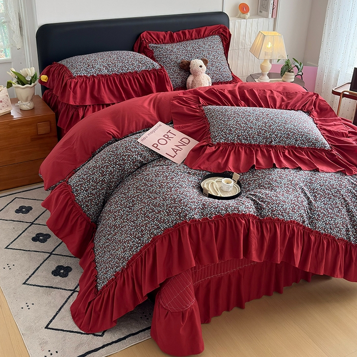 91家纺网 家纺一手货源 找家纺 （总）2026 铠畅新款韩系古法韩国水洗棉仿棉云感棉法式浪漫大花边床盖四件套