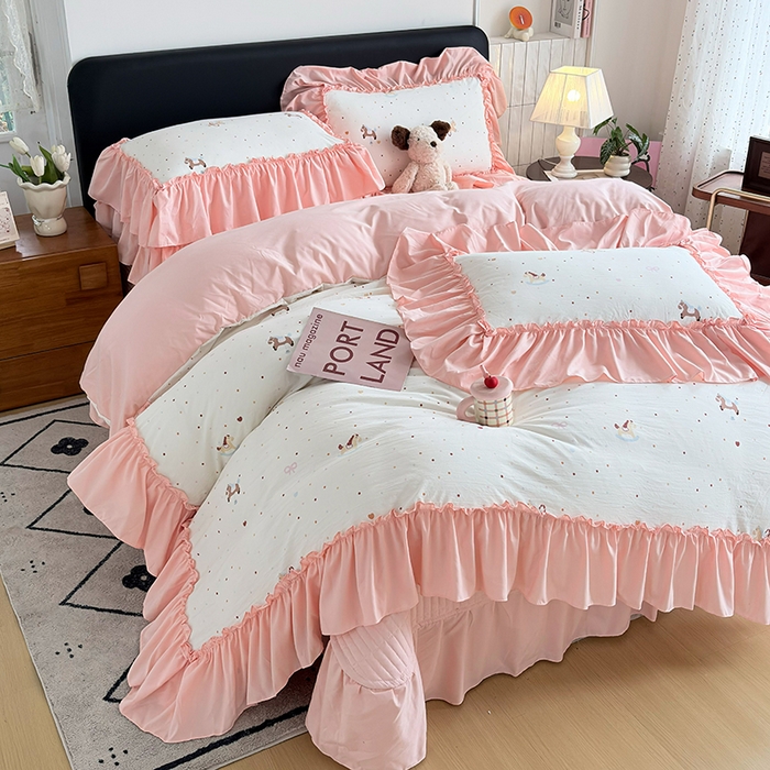 91家纺网 家纺一手货源 找家纺 （总）2026 铠畅新款韩系古法韩国水洗棉仿棉云感棉法式浪漫大花边床盖四件套