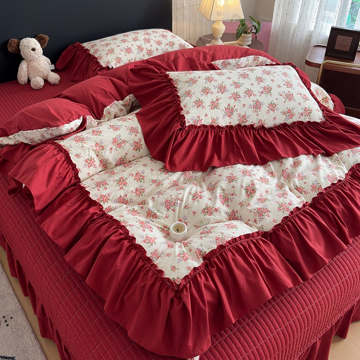 91家纺网 家纺一手货源 找家纺 （总）2026 铠畅新款韩系古法韩国水洗棉仿棉云感棉法式浪漫大花边床盖四件套