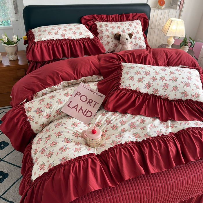 91家纺网 家纺一手货源 找家纺 （总）2026 铠畅新款韩系古法韩国水洗棉仿棉云感棉法式浪漫大花边床盖四件套