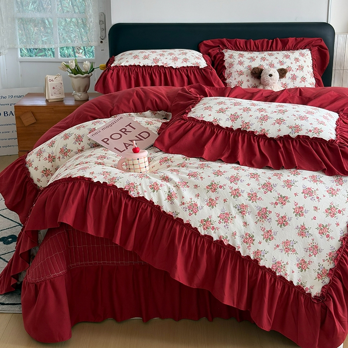 91家纺网 家纺一手货源 找家纺 （总）2026 铠畅新款韩系古法韩国水洗棉仿棉云感棉法式浪漫大花边床盖四件套