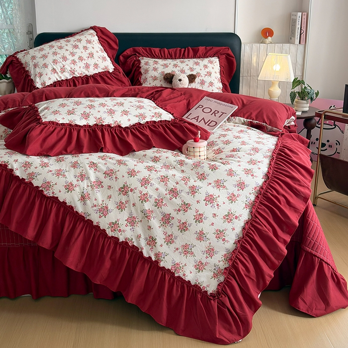 91家纺网 家纺一手货源 找家纺 （总）2026 铠畅新款韩系古法韩国水洗棉仿棉云感棉法式浪漫大花边床盖四件套