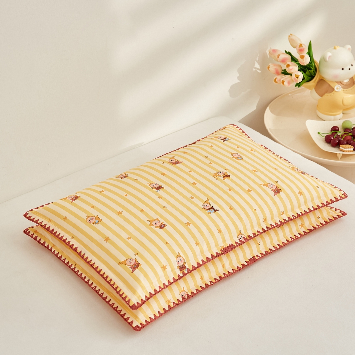 91家纺网 家纺一手货源 找家纺 （总）小桃姐家纺 2026新款全棉纯棉贝壳边三角针单枕套双层纱枕套单件儿童枕套