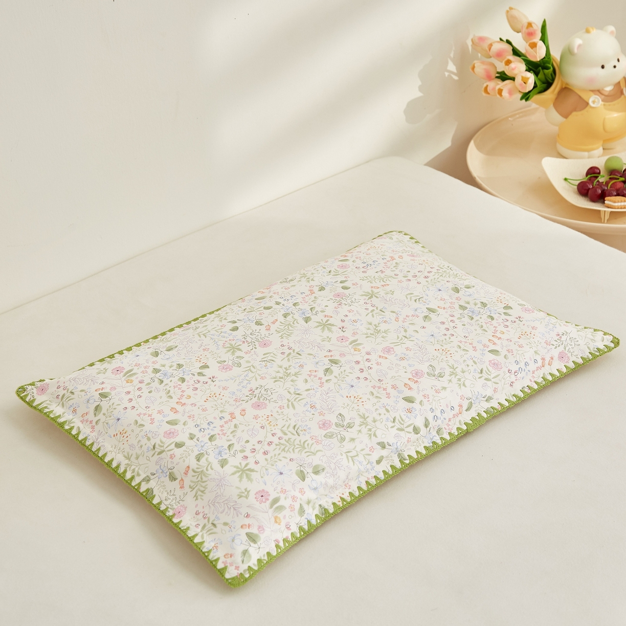 91家纺网 家纺一手货源 找家纺 小桃姐家纺 2026新款全棉纯棉贝壳边三角针单枕套双层纱枕套单件儿童枕套 绿意盎然