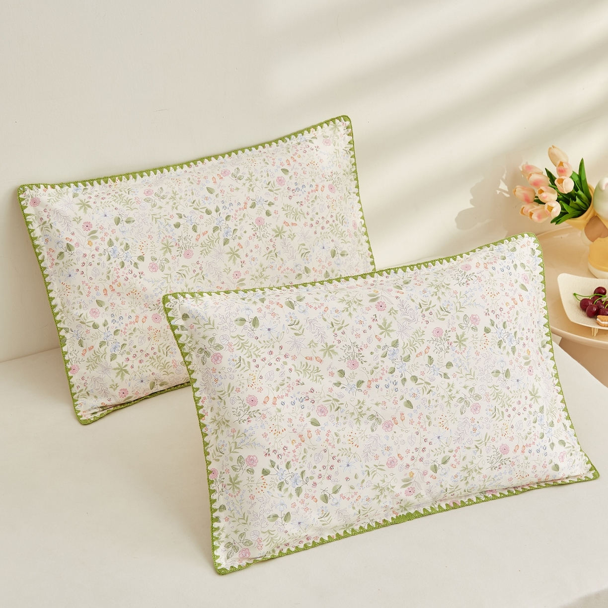 91家纺网 家纺一手货源 找家纺 小桃姐家纺 2026新款全棉纯棉贝壳边三角针单枕套双层纱枕套单件儿童枕套 绿意盎然