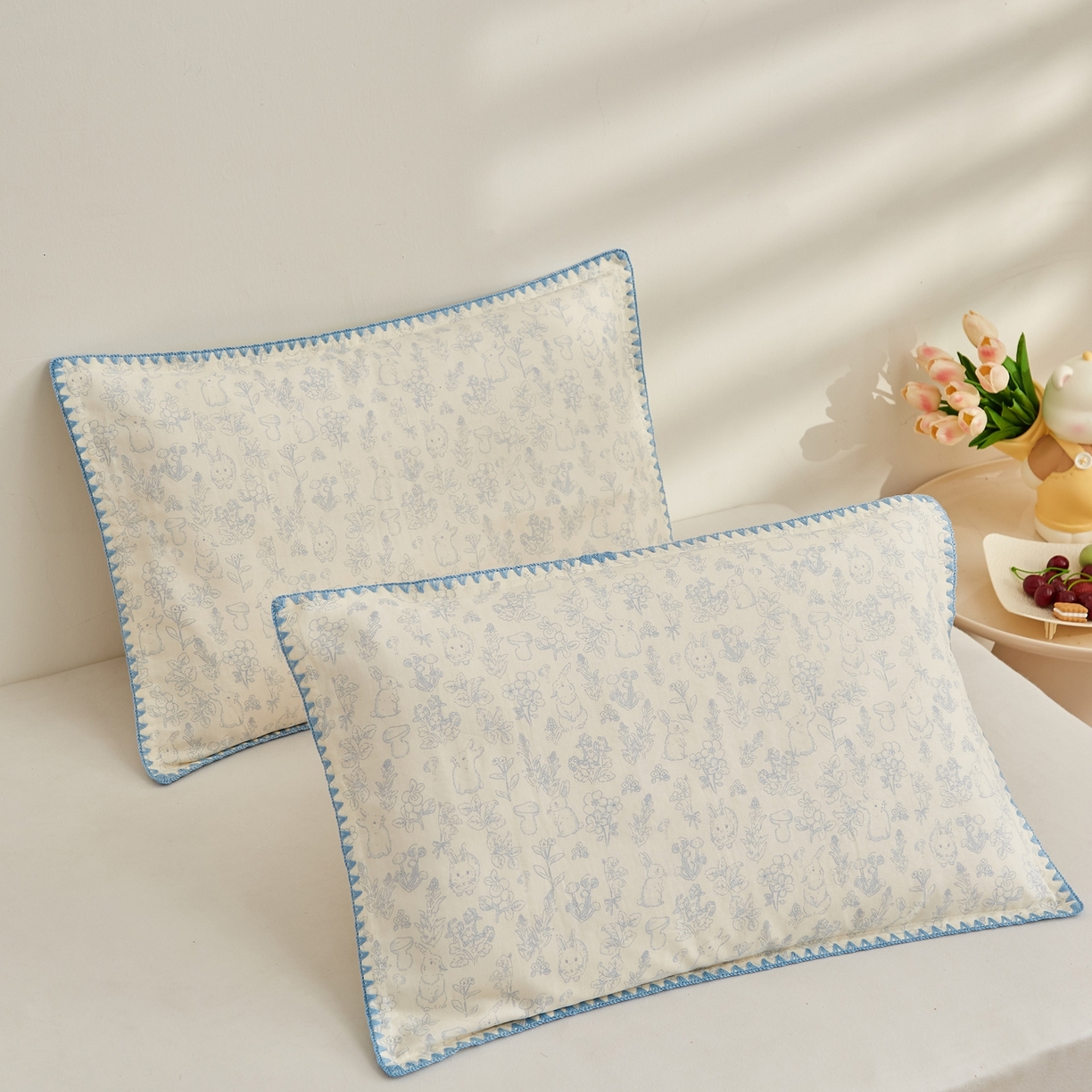 91家纺网 家纺一手货源 找家纺 小桃姐家纺 2026新款全棉纯棉贝壳边三角针单枕套双层纱枕套单件儿童枕套 芋泥兔兔