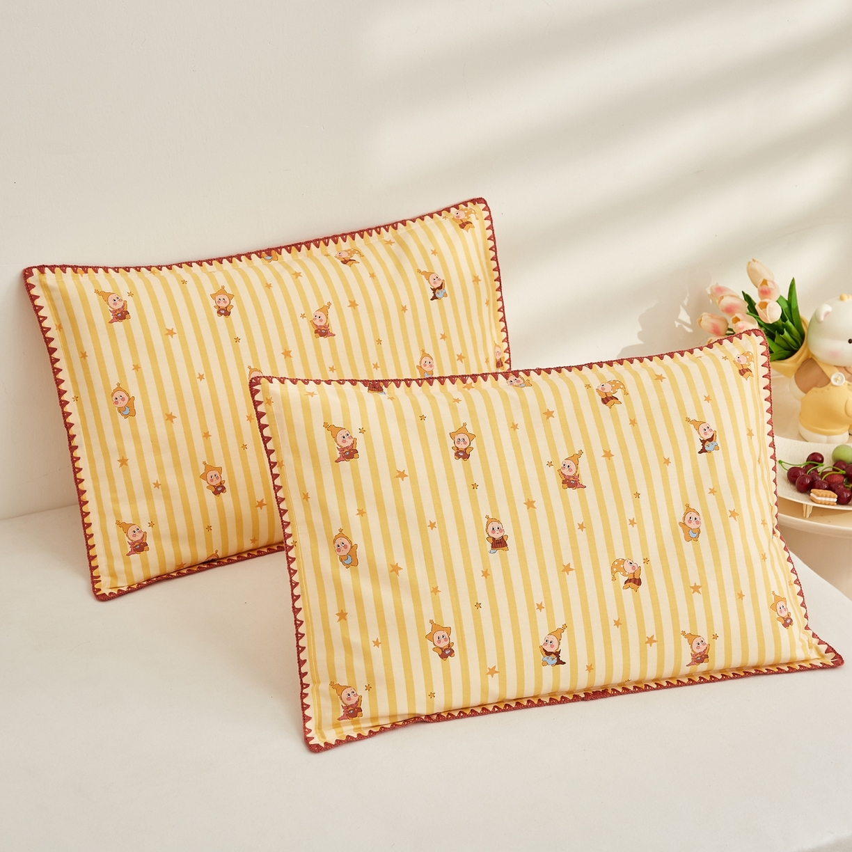 91家纺网 家纺一手货源 找家纺 小桃姐家纺 2026新款全棉纯棉贝壳边三角针单枕套双层纱枕套单件儿童枕套 可爱星星人