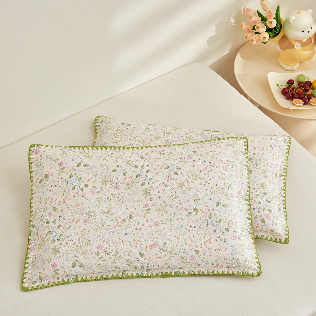 91家纺网 家纺一手货源 找家纺 小桃姐家纺 2026新款全棉纯棉贝壳边三角针单枕套双层纱枕套单件儿童枕套 绿意盎然