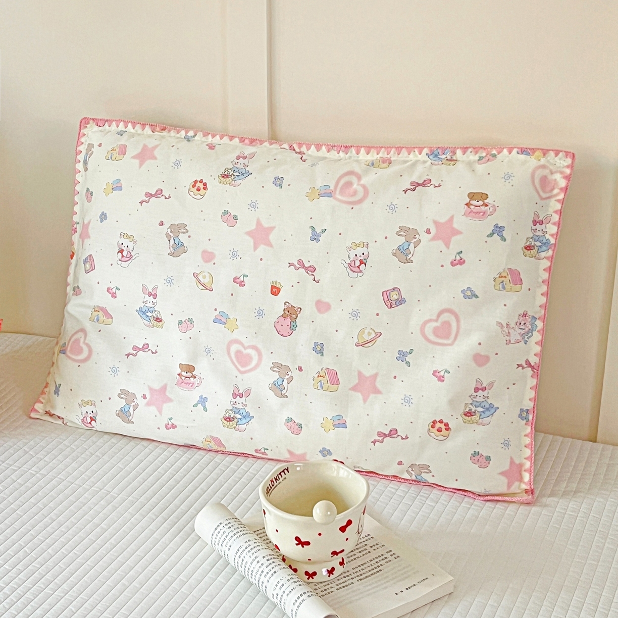 91家纺网 家纺一手货源 找家纺 小桃姐家纺 2026新款全棉纯棉贝壳边三角针单枕套双层纱枕套单件儿童枕套 动物派对