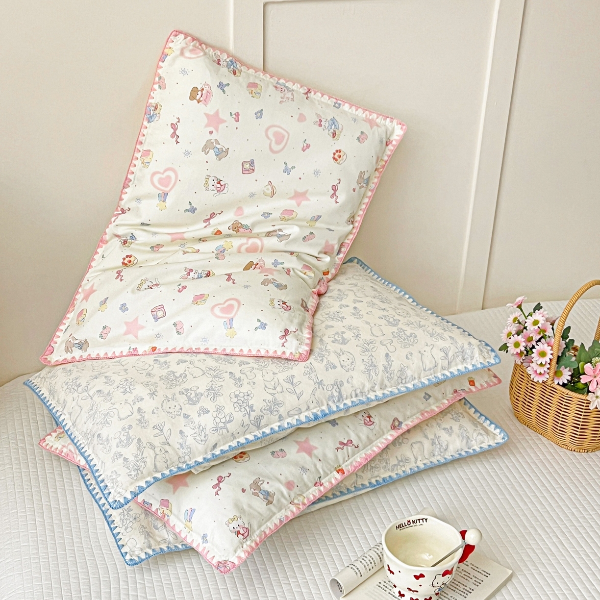 91家纺网 家纺一手货源 找家纺 小桃姐家纺 2026新款全棉纯棉贝壳边三角针单枕套双层纱枕套单件儿童枕套 组合图（仅供展示不可下单）