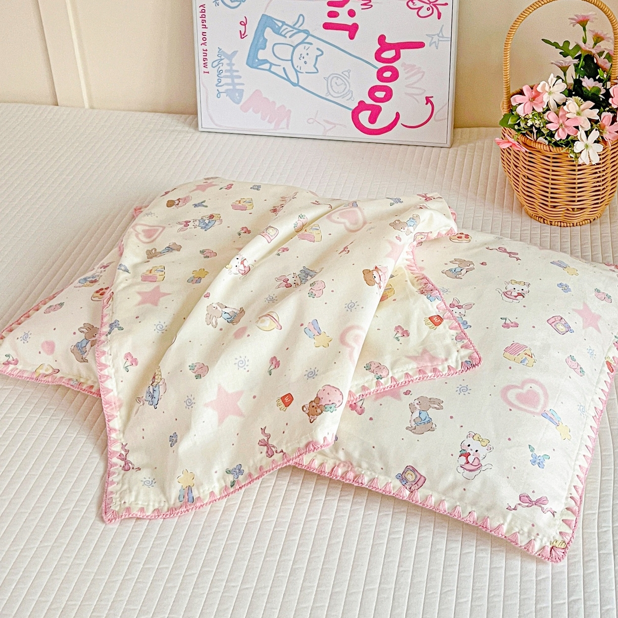 小桃姐家纺 2026新款全棉纯棉贝壳边三角针单枕套双层纱枕套单件儿童枕套 动物派对